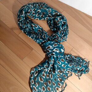 Hummingbird: 100% Rayon green & brown fringed scarf. Measures Approx. 25"x 72.5"